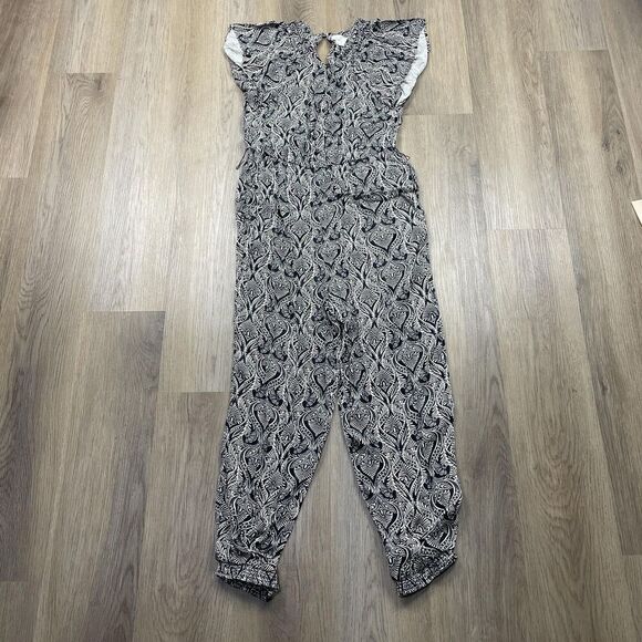 By Anthropologie Jumpsuit Womens 10 Black White Paisley Ruffle Neck Jogger Cuff - Picture 1 of 9